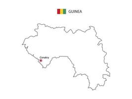 mão desenhar vetor de linha preta fina do mapa da Guiné com capital conacri em fundo branco.