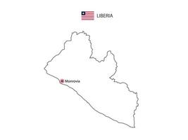 mão desenhar vetor de linha preta fina do mapa da Libéria com capital Monróvia em fundo branco.
