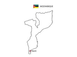 mão desenhar vetor de linha preta fina do mapa de Moçambique com capital maputo em fundo branco.
