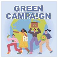 bandeira de proteção ambiental. as pessoas estão fazendo campanha com itens para a vida ecológica. vetor