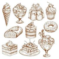 ícones de esboço de padaria de sobremesas de pastelaria vetorial vetor