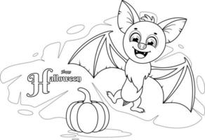 página para colorir. morcego bonito e engraçado e abóbora de halloween vetor