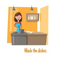 dona de casa na cozinha lavando pratos vetor mulher