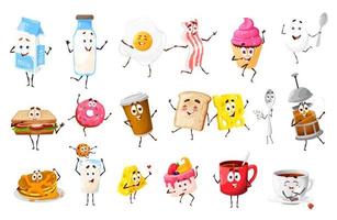 personagens engraçados de comida e bebidas de café da manhã dos desenhos animados vetor