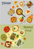 conjunto de ícones de pratos vegetarianos e peixes assados saudáveis vetor
