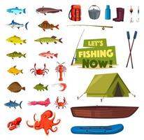 ícone do esporte de pesca com peixe, barco, vara, equipamento vetor