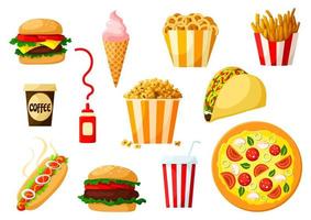 pratos de fast food com conjunto de ícones de bebida e sobremesa vetor