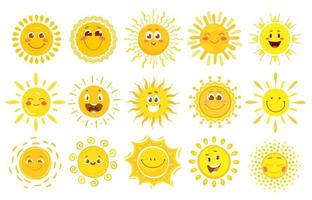 sorrisos de sol, personagens fofos de sol, emoji de verão vetor