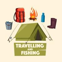 design de cartaz de viagem, pesca e camping vetor