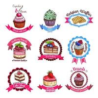 ícones de esboço de vetor de bolos de sobremesa de padaria ou pastelaria