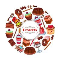 design de cartaz de desenho animado de doces de sobremesa e pastelaria vetor