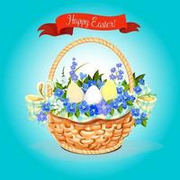 cartaz de vetor de cesta de bando de ovos de páscoa e flores