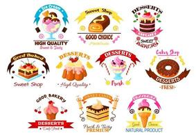 conjunto de ícones ou emblemas de vetor de sobremesas e bolos