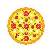 pizza inteira com tomate, azeitonas e cogumelos vista superior em estilo simples, isolado no fundo branco. ilustração vetorial de estoque. vetor