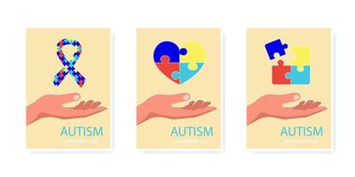 dia mundial da conscientização do autismo conjunto de panfletos com inscrição. mão humana, peça de quebra-cabeça, coração e fita. ilustração vetorial de estoque. vetor