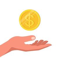 a mão do homem e uma moeda de ouro com um cifrão em um fundo branco. conceito de negócio, assistência financeira, empréstimos. ilustração vetorial de estoque. vetor