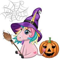 unicórnio bonito dos desenhos animados com chapéu de bruxa roxo, com abóboras, poção ou vassoura, personagem de feriado de halloween vetor