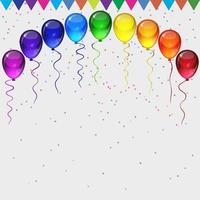 fundo de vetor de festa de aniversário - balões festivos coloridos de transparência realista, confetes, fitas voando para cartão de celebrações em fundo branco isolado com espaço para você texto.