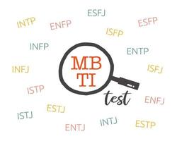 indicador de tipo myers-briggs. teste psicológico mbti e lupa. introversão, extroversão, sentimento, julgamento, percepção, intuição, pensamento, percepção. ilustração vetorial plana isolada vetor