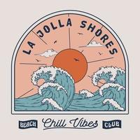 ilustração de ondas de praia de palmeiras de verão, para estampas de camisetas, cartazes. ilustração em vetor verão praia de la jolla shores beach.