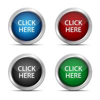 redondo clique aqui botões da web com moldura metálica vetor