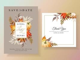 cartão de convite de casamento outono com abóbora e cogumelo e pássaro e aquarela de folhas vetor