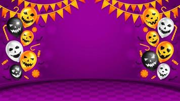 modelo de fundo de halloween com balão assustador e vetor de doces, pano de fundo de halloween para promoção de venda, banner, cartaz, mídia social, feed, convite, evento, papel de parede na cor roxa