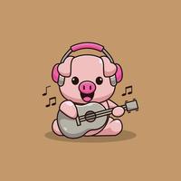 personagens de logotipo de porco fofo tocando guitarra vetor