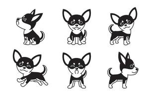 conjunto de desenhos animados vetoriais de cachorro chihuahua de cor preto e branco vetor