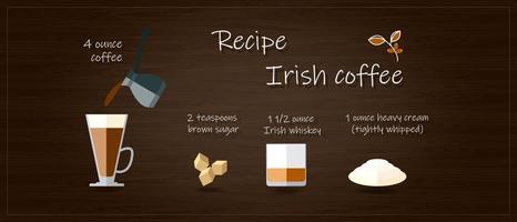 receita de café irlandês em um fundo de placa de madeira texturizada. ingredientes de creme de conhaque de açúcar de café. vetor