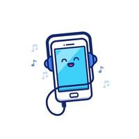 bonito celular ouvindo música com ilustração de ícone de vetor de desenhos animados de fone de ouvido. música e tecnologia ícone conceito isolado vetor premium. estilo de desenho animado plano