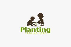 plantando logotipo com silhuetas de duas crianças fazendo atividades de plantio vetor