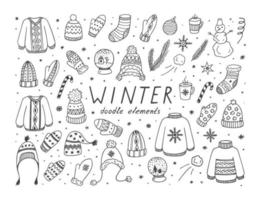 roupas de inverno doodle e elementos em fundo branco. vetor