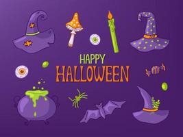 definido para festa de halloween isolada no fundo roxo. ilustração em vetor de acessórios da bruxa - chapéu, morcego, olho, aranha, vela e mosca agaric.