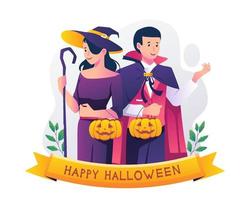feliz dia das bruxas com um homem em drácula e mulher em um vestido de bruxa estão carregando abóboras para celebrar a noite de halloween. ilustração vetorial em estilo simples vetor