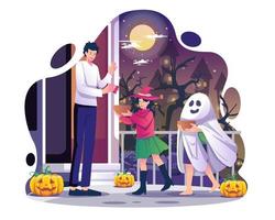 conceito de ilustração de doces ou travessuras. um homem está dando doces para duas crianças felizes em fantasias de halloween na noite de halloween. ilustração vetorial em estilo simples vetor