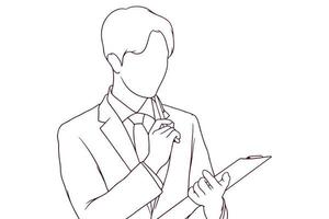 jovem empresário verificando suas notas ilustração vetorial de estilo desenhado à mão vetor
