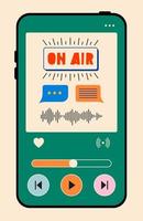 fones de ouvido e título do podcast na tela do telefone. gravação e audição de podcast, transmissão, rádio online, conceito de serviço de streaming de áudio. ilustrações isoladas vetoriais desenhadas à mão vetor