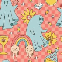 retro dos anos 70 60 hippie padrão sem emenda de halloween com fantasma, flores de borboleta margarida e elementos de arco-íris de frasco de poção. fundo quadriculado assustador groovy. ilustração vetorial de contorno desenhado à mão vetor