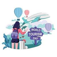 projeto do dia mundial do turismo com garota viajante estudando mapa vetor