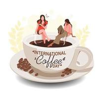 projeto do dia do café com mulheres sentadas na xícara de café vetor