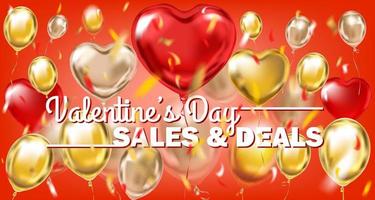 dia dos namorados vendas e ofertas banner de ouro vermelho com balões metálicos vetor