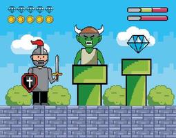 cena de batalha pixel-art com cavaleiro e monstro vetor