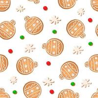 padrão sem emenda com biscoitos de gengibre em um fundo branco. floco de neve de gengibre, bola de ano novo vetor