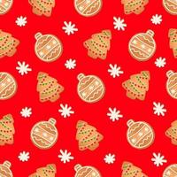 padrão sem emenda com biscoitos de gengibre em um fundo vermelho. pão de gengibre, árvore de natal, bola de natal vetor
