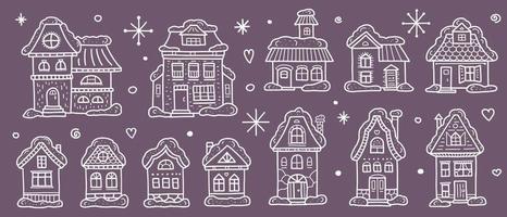 cidade de inverno à noite. lindas casas cobertas de neve em um fundo violeta. clipart linear. ilustração vetorial. elementos de doodle. vetor