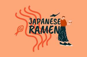 ramen japonês. cartaz com personagem segurando a tigela de macarrão em macarrão de fast food asiático estilo laranja. vetor