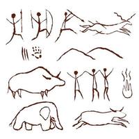 pintura de rocha caverna antiga arte símbolo mão desenhada ilustração vetorial. animais pré-históricos e povos primitivos tradicionais caçando ornamento isolado no fundo branco vetor