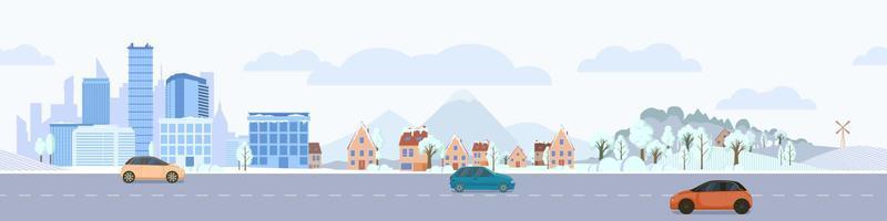 paisagem urbana de inverno com autoestrada. arranha-céus azuis cobertos de neve com casas particulares e estacionar e passar carros vetoriais. vetor