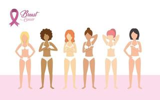 conjunto de mulheres e fita rosa de câncer de mama vetor